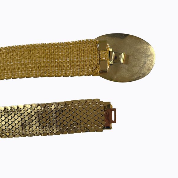 Vintage Metallic Gold Fish Scale Belt Lg-1X Slinky Stretch Oval Floral Buckle - Picture 8 of 9